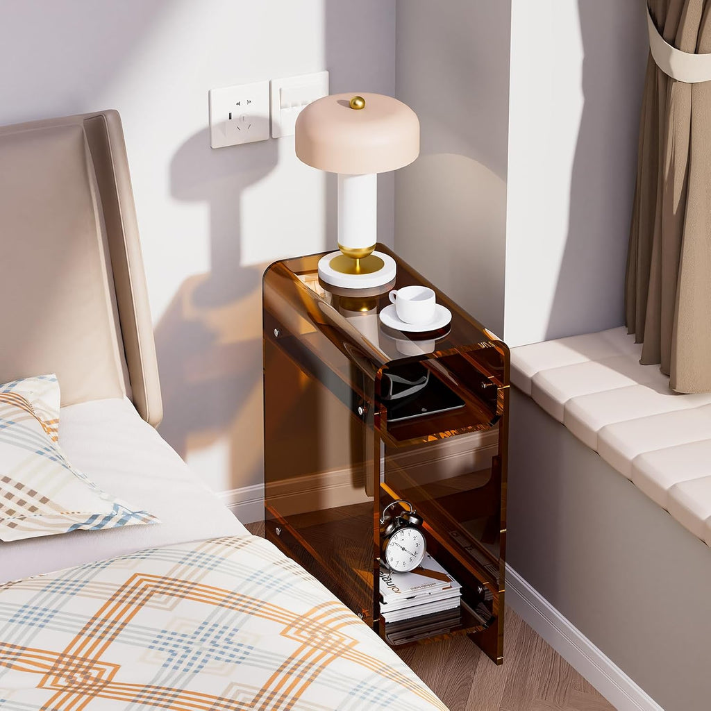 Clear Acrylic Side Table, Narrow Nightstand Bedside Table for Bedroom, Skinny Small End Table (Dark Brown, 8.7'' x 15.7'' x 21.7")