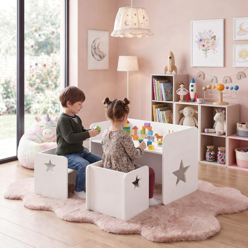 HONEY JOY Weaning Kids Table and Chair Set, Wooden Montessori Activity Table Set with Chalkboard & Reversible Tabletop, Sturdy Playroom Nursery Furniture for Ages 3+ Years Old (White, Star)