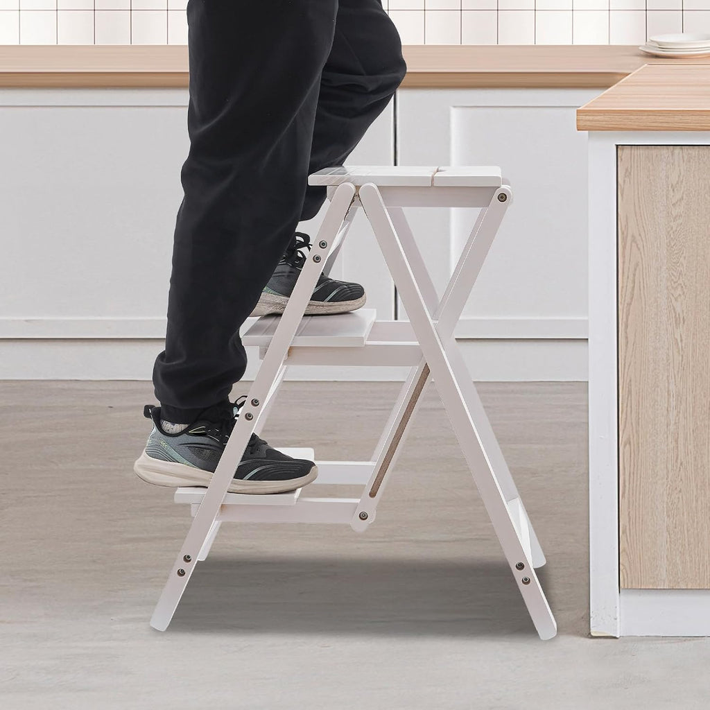Folding Step Stool for Adults, 3 Tier Step Ladder Portable Counter Chair Wooden Trapezoidal Shelf with Convenient Handle for Home Office Garage Library