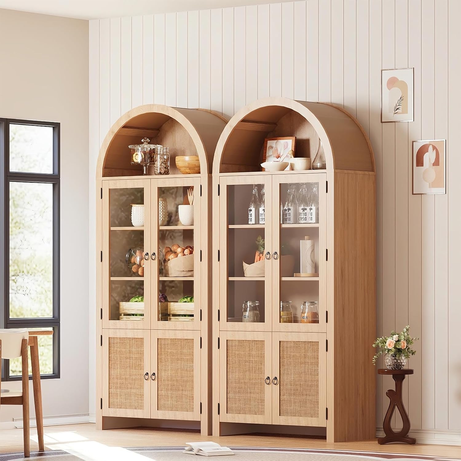 Patikuin Tall Arched Cabinet, Arched Pantry Cabinet with 4 Doors & 6 Open Shelves, 71 Inch Farmhouse Kitchen Arched Cabinet for Living Room, Dining Room, Kitchen Bathroom