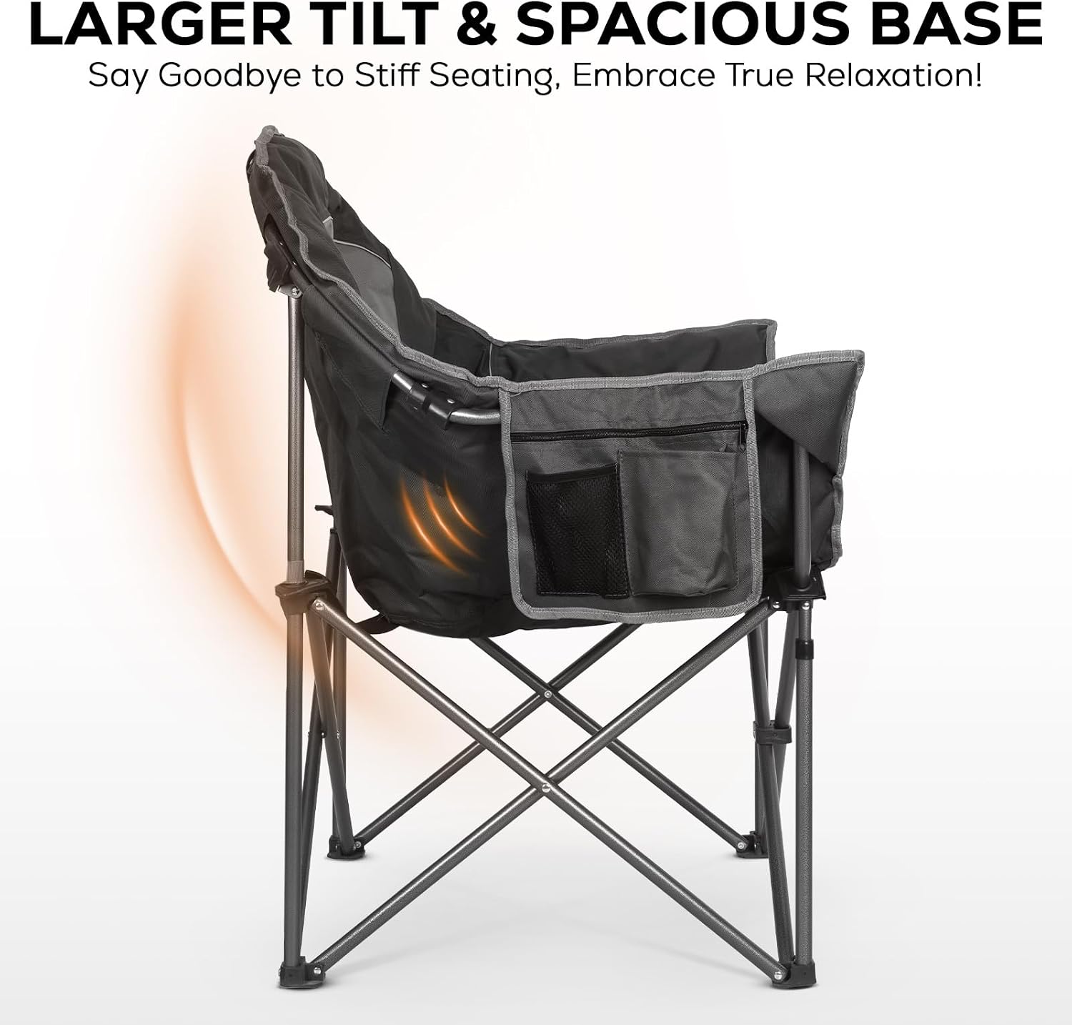 Romswi 2Pcs Oversized XL Padded Camping Chair for Adults, 500lbs Support Heavy-Duty Padded Folding Chair with Side Pocket Cup Holder, Wide&Thick, for Outdoor,Black