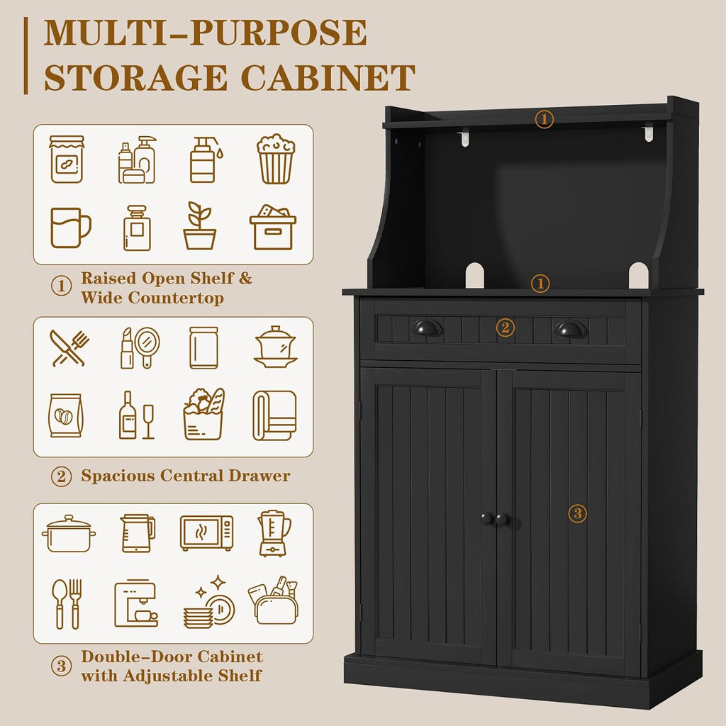 HOLTICO 54" Microwave Storage Cabinet with Doors, Black | Freestanding Kitchen Pantry with Drawer, Coffee Bar Station with Cable Management