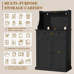 HOLTICO 54" Microwave Storage Cabinet with Doors, Black | Freestanding Kitchen Pantry with Drawer, Coffee Bar Station with Cable Management