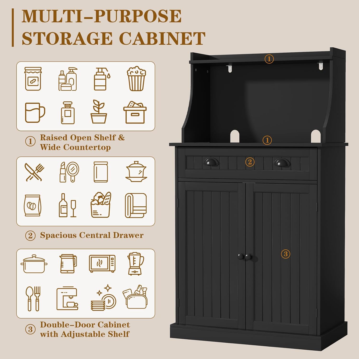 HOLTICO 54" Microwave Storage Cabinet with Doors, Black | Freestanding Kitchen Pantry with Drawer, Coffee Bar Station with Cable Management