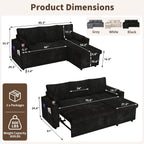 3 in 1 Pull Out Couch, Corduroy L Shaped Couch Sleeper Sofa Bed, Black | Reversible Storage Chaise, Charging Station, Cup Holder, Sleeper Sofa, for Living Room Apartment