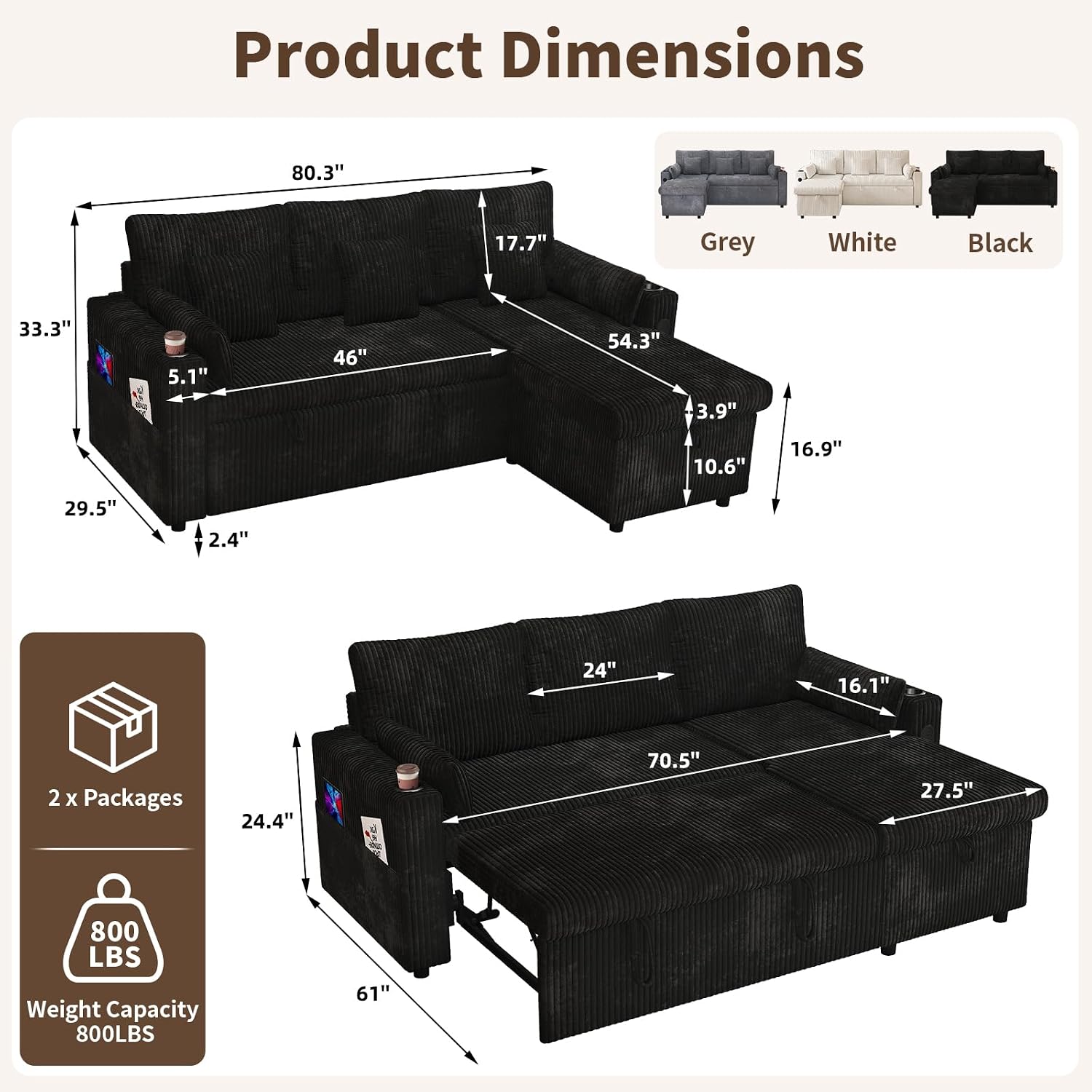 3 in 1 Pull Out Couch, Corduroy L Shaped Couch Sleeper Sofa Bed, Black | Reversible Storage Chaise, Charging Station, Cup Holder, Sleeper Sofa, for Living Room Apartment