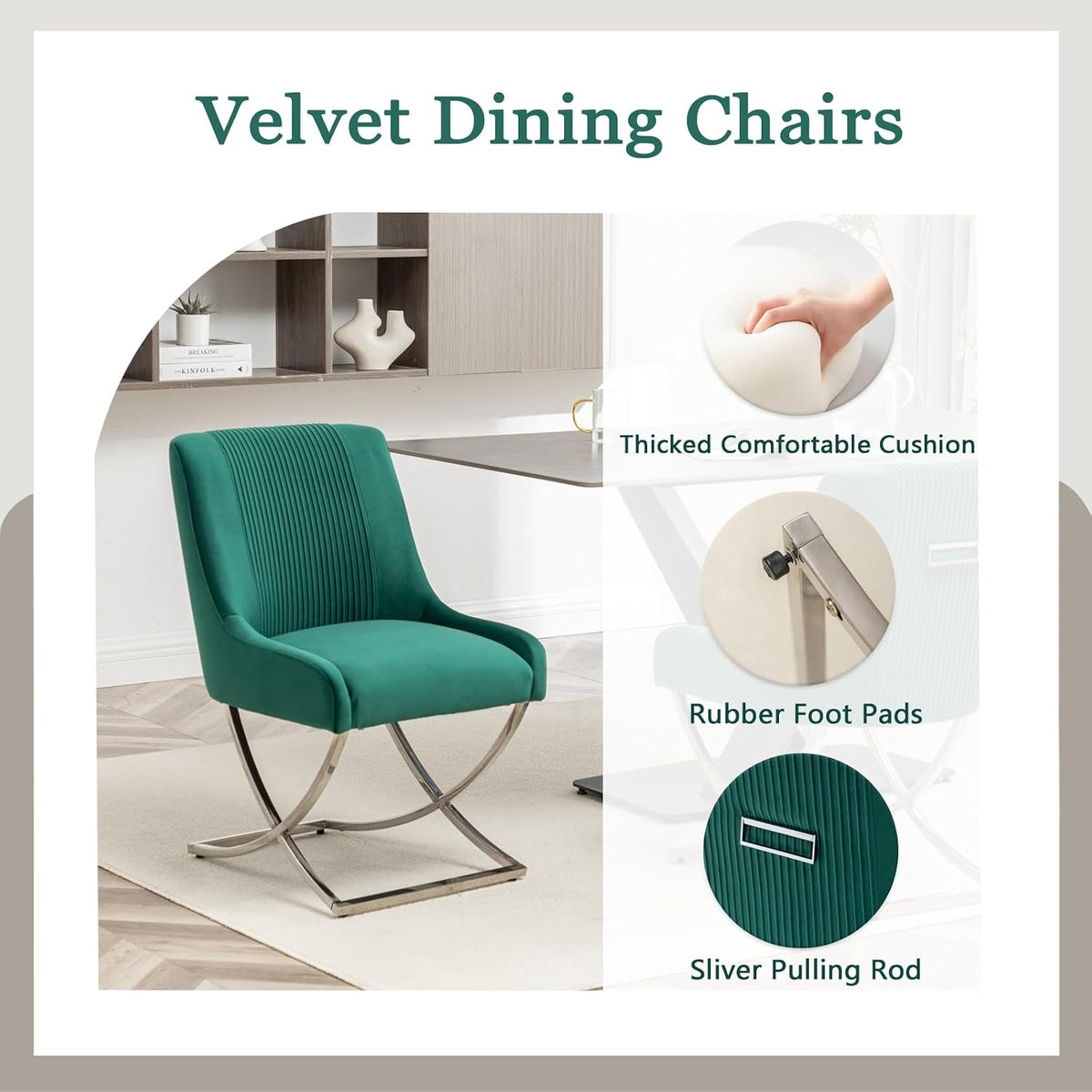 Kitchen Dining Chairs Set of 4,Accent Modern Upholstered Velevt,Contemporary Tufted Metal Chairs with X-Shaped Sliver Legs for Dining Room,Living Room, Reception Room(Dark Green)
