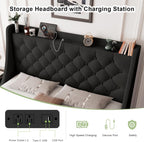 Feonase Upholstered Queen Size Bed Frame with 4 Storage Drawers, Storage Bed with Charging Station, Large Wingback Headboard, No Box Spring Needed, Black