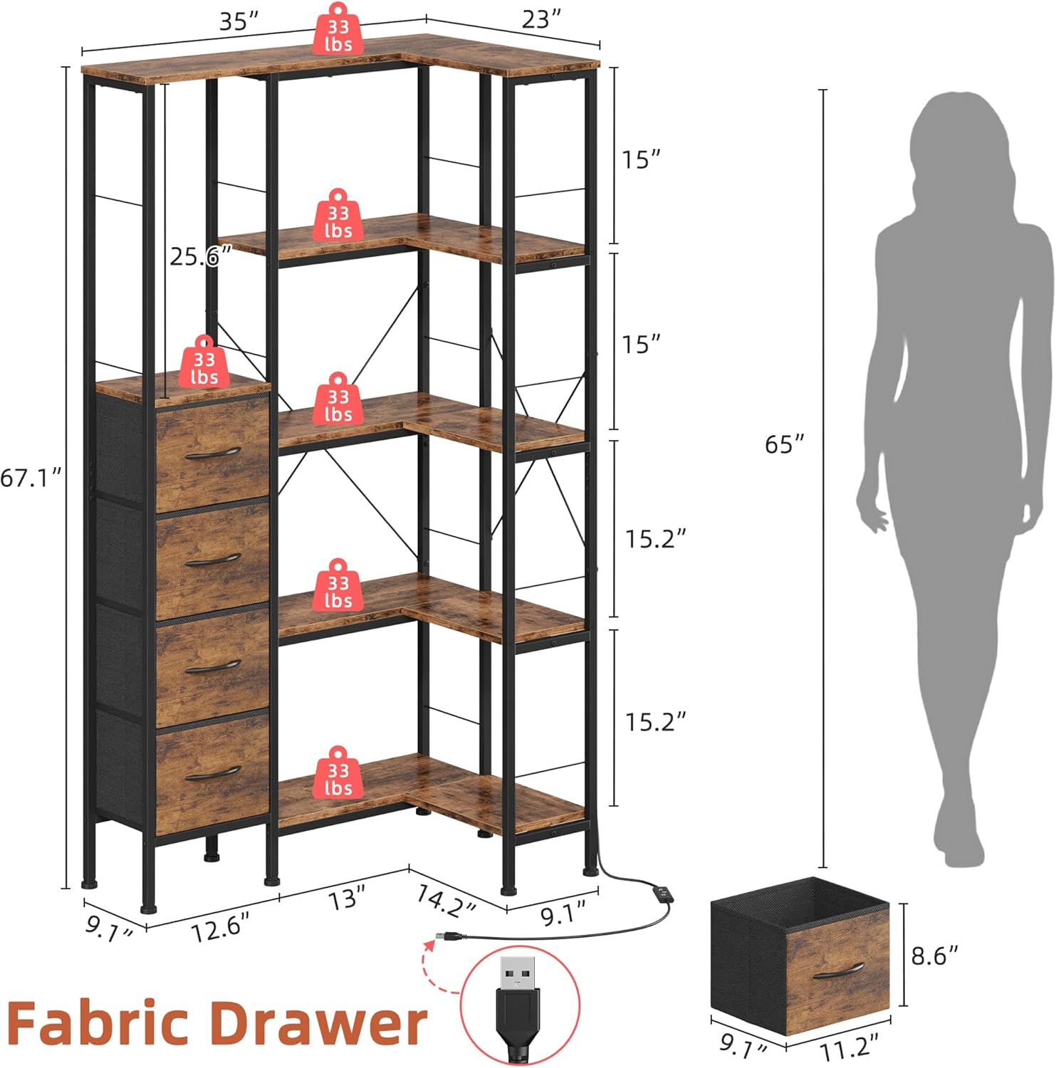 AFLUI 5-Tier Corner Bookshelf with LED Light Strips, 4 Fabric Drawers