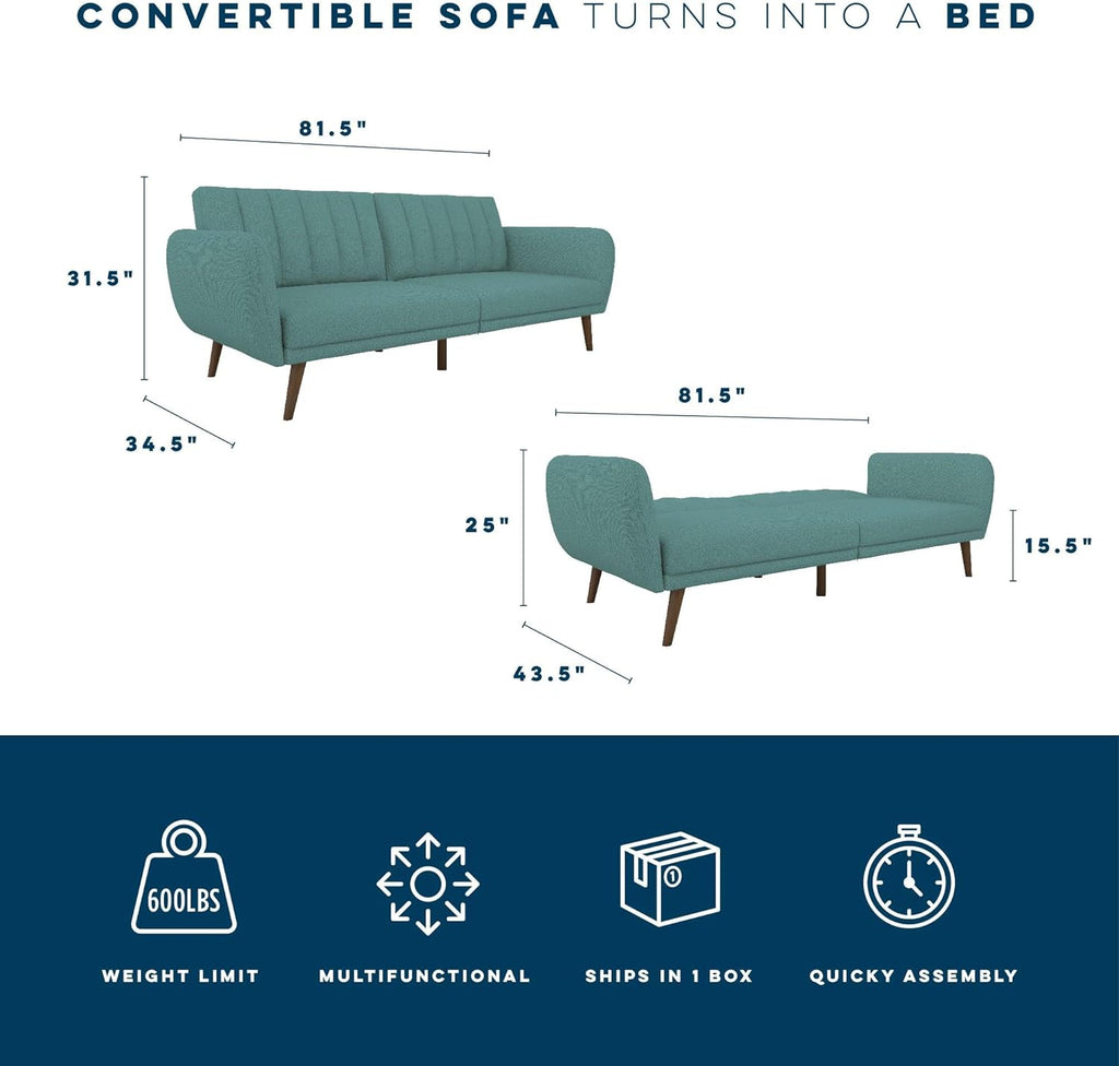 Novogratz Brittany 82 Inch Futon Sofa Bed in Faux Leather, Upholstered Couch Sleeper with Tufted Back, Mid-Century Modern Design, Teal