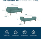 Novogratz Brittany 82 Inch Futon Sofa Bed in Faux Leather, Upholstered Couch Sleeper with Tufted Back, Mid-Century Modern Design, Teal