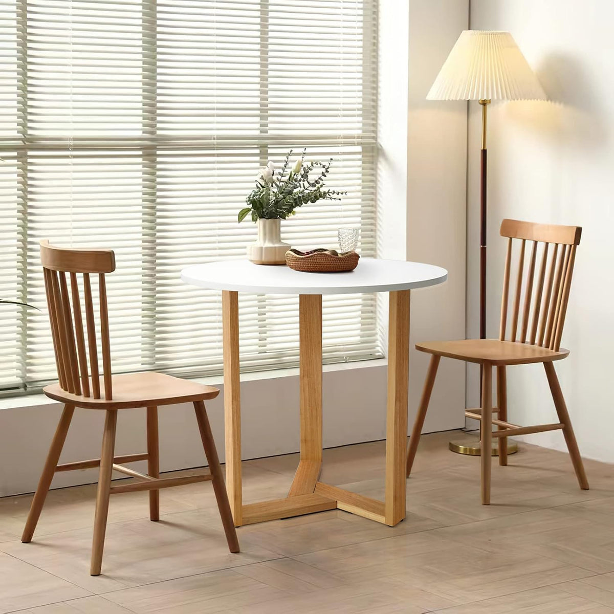 SIMTONAL 31.5" Round Dining Table, Space-Saving Small Dining Table for 2-4 People with Wood Grain Tabletop and Geometric Pedestal Base, Modern Farmhouse Table for Small Spaces, Apartment,White