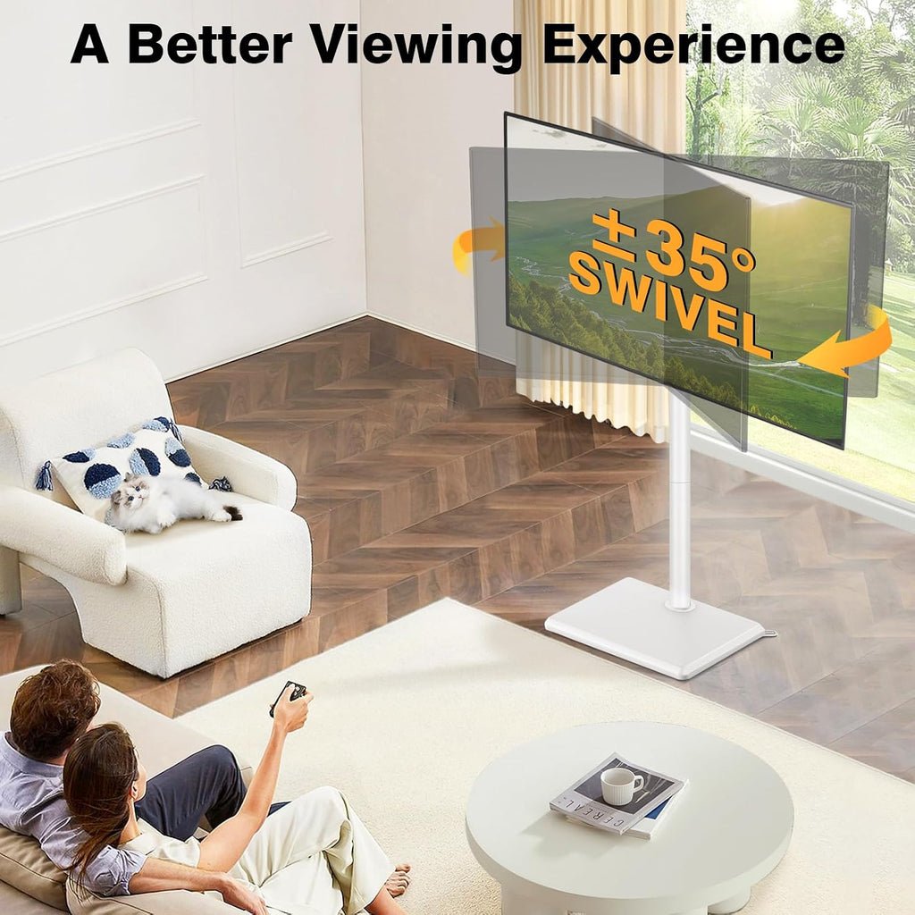 TVON Universal Floor TV Stand with Mount for Most 32-65 Inch TV up to 88lbs | Height Adjustable TV Floor Stand with Wood Base for Space Saving (WHITE, Wooden Base)