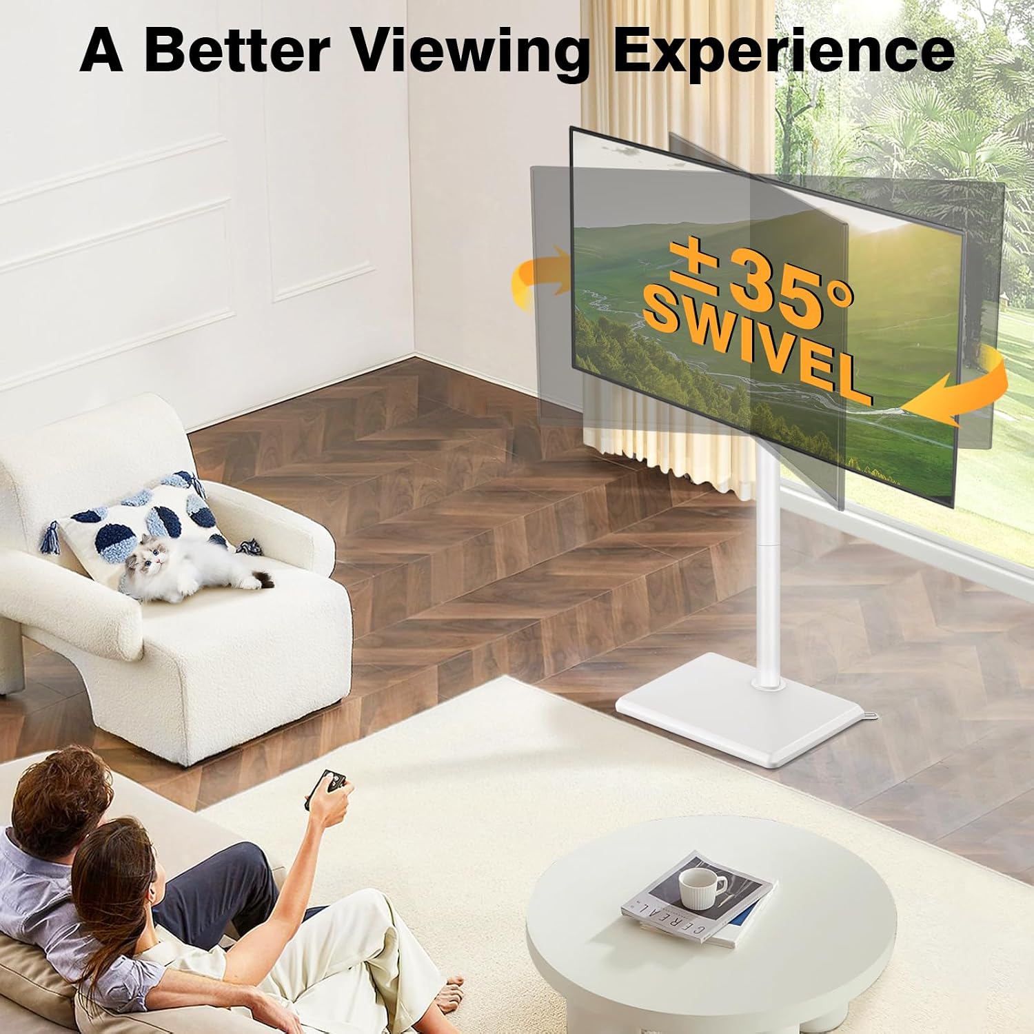TVON Universal Floor TV Stand with Mount for Most 32-65 Inch TV up to 88lbs | Height Adjustable TV Floor Stand with Wood Base for Space Saving (WHITE, Wooden Base)
