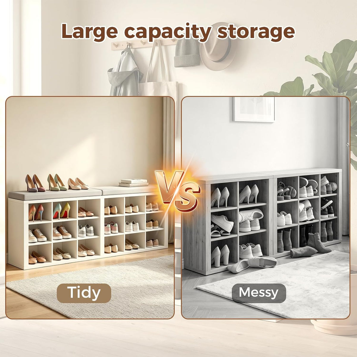 AMONIDA Shoe Storage Bench with Cushion, Entryway Bench with Shoe Storage,18 Cubby Shoe Bench with Removable Dividers, Shoe Organizer Bench for Entryway, Living Room, Light Grey (18, White)