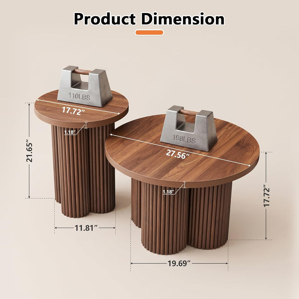 Nesting Coffee Tables Set of 2, Fluted Nesting Tables for Living Room, Multifunctional Round Coffee Table and Side Table Set Wooden Center Tables Small Coffee Table for Small Spaces Balcony