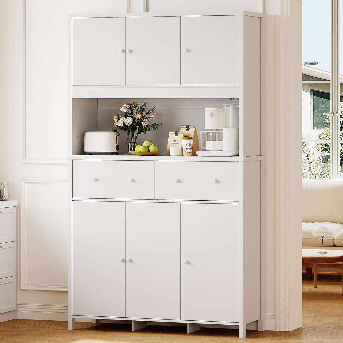Garvee 71" H Pantry Cabinet with Charging Station, Tall Kitchen Pantry Storage Cabinet with Countertop, Modern Kitchen Hutch with Storage Drawers for Living Room, Dining Room, White