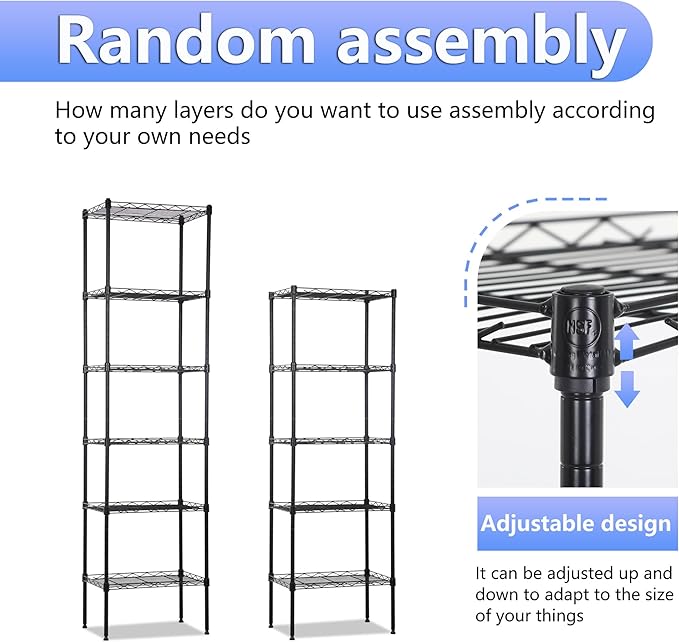 BestOffice Metal Garage Shelving 6 Tiers Garage Storage Shelves Heavy Duty 17”D x 12”W x 64”H Easy Assemble Wire Shelving NSF Certified Storage Shelves with Levling Feet for Home Garage Office, Black