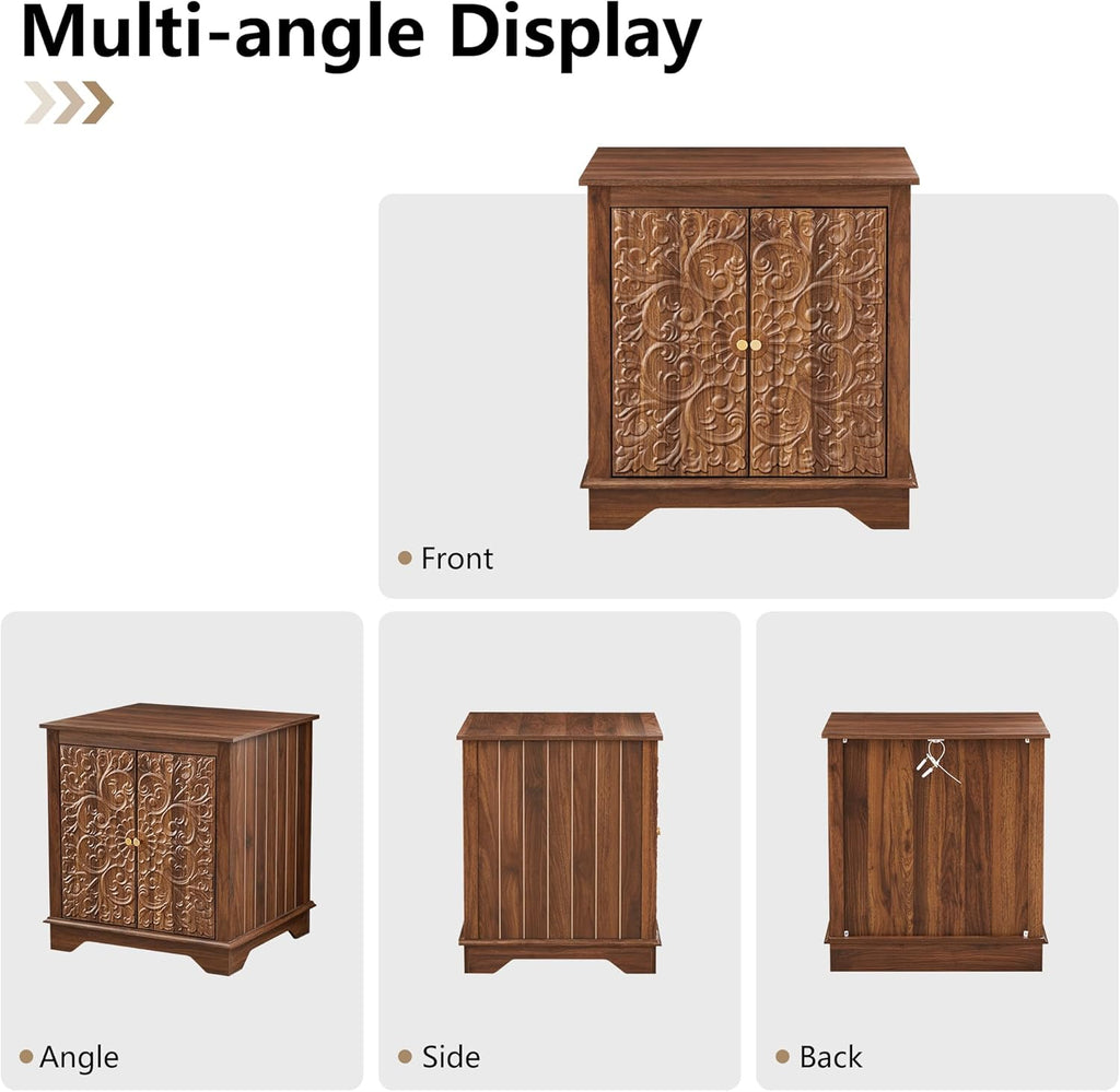 weselon Farmhouse End Table with Carved Floral Door, 24" Wide Nightstand with Adjustable Shelf, Wooden Square Sofa Side Table Storage Table for Living Room Bedroom (Walnut)
