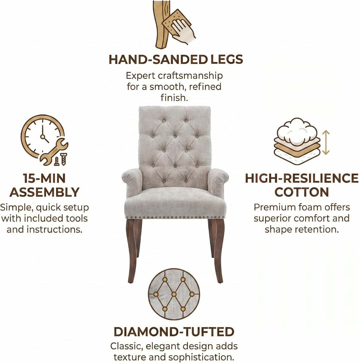 Upholstered Dining Chairs with Arms, Greyish Beige, 1 Pack | Tufted Chenille Kitchen Chairs with Arms, Modern Farmhouse Armchair with Nailhead Trim for Dining Room, Home Office