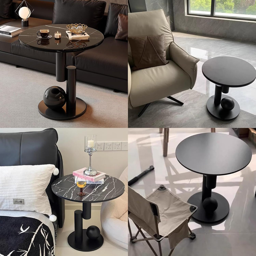 Metal End Table, Living Room Coffee Table with Marble Tabletop, Modern Geometric Decorative Table for Sofa Bedroom Apartment Reception Area Hotel(Width 23.6in/60cm, Black-White Base)
