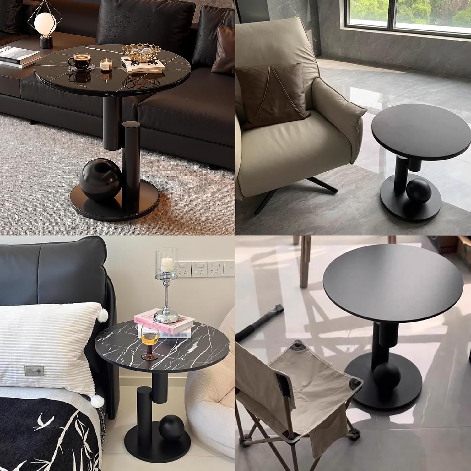 Metal End Table, Living Room Coffee Table with Marble Tabletop, Modern Geometric Decorative Table for Sofa Bedroom Apartment Reception Area Hotel(Width 23.6in/60cm, Black-White Base)