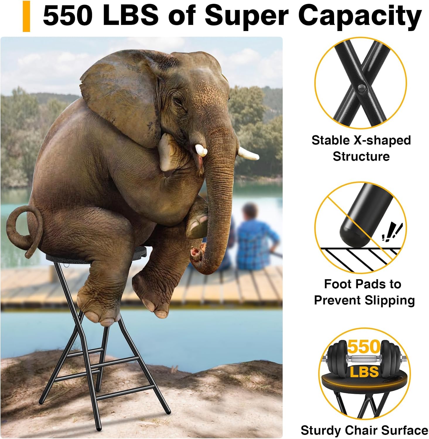 TAVR Furniture Portable Folding Chair with Handle, Heavy Duty Round Fold Stool Chair with 550lbs Capacity for Adults, 24 Inch Foldable Stool for Dorm, Kitchen, Vanity, Church and Outdoor use
