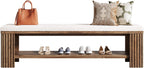 63" Solid Wood Entryway Bench, Farmhouse Upholstered End of Bed Bench with Removable Faux Lambswool Cushion and Fluted Legs, Indoor Long Ottoman for Bedroom, Entryway, Dark Brown