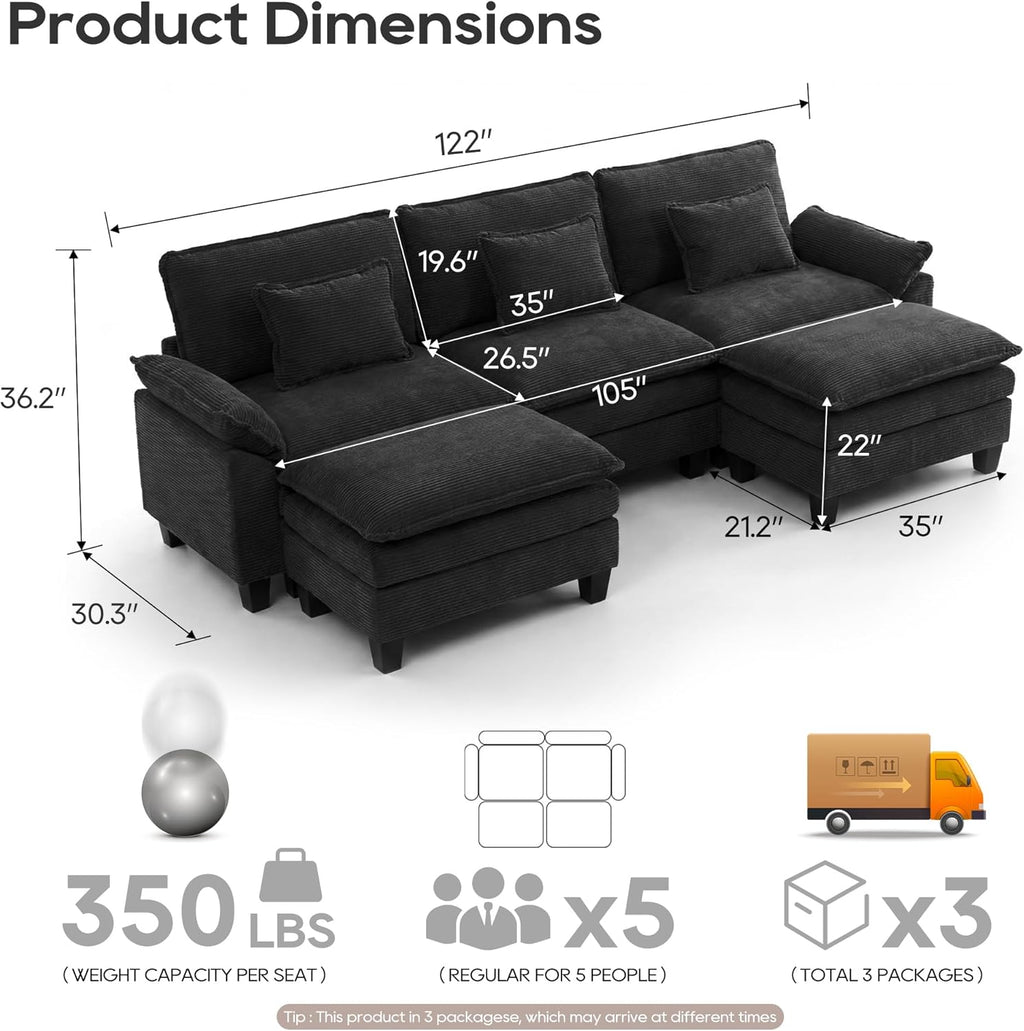 URRED Oversized Modular Sectional Sofa，Solid Black：122" U Shaped | Modern Comfy Cloud Couch with Movable Ottoman and Pillow, Deep Seat Couches for Living Room, Bedroom or Apartment