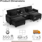 URRED Oversized Modular Sectional Sofa，Solid Black：122" U Shaped | Modern Comfy Cloud Couch with Movable Ottoman and Pillow, Deep Seat Couches for Living Room, Bedroom or Apartment