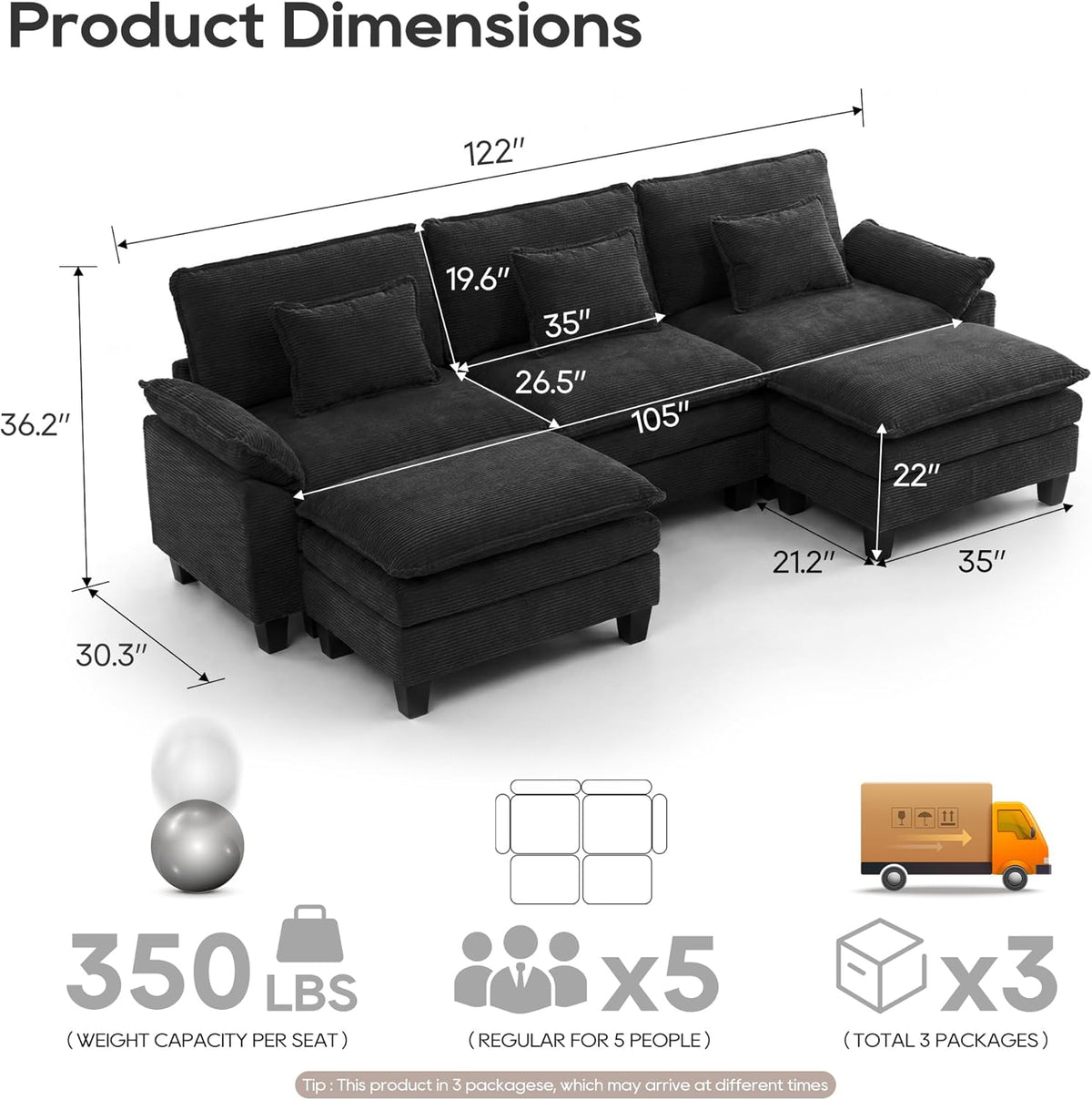 URRED Oversized Modular Sectional Sofa，Solid Black：122" U Shaped | Modern Comfy Cloud Couch with Movable Ottoman and Pillow, Deep Seat Couches for Living Room, Bedroom or Apartment