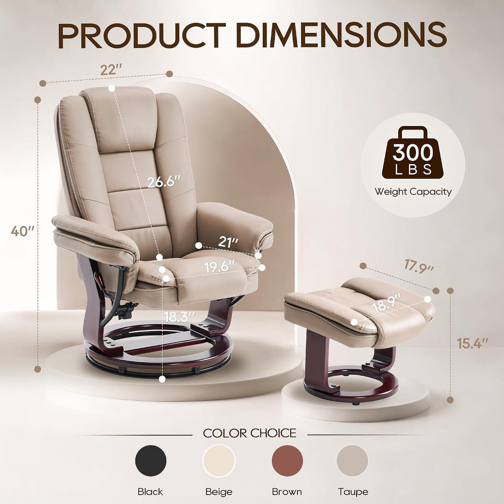 Swivel Recliner Chair with Ottoman Reclining Lounge Sofa Footrest, Set of 2 | 360°Sturdy Wood Base, Soft Faux Leather, Upholstered Ultra-Plush Foam, Modern Armchair, Living Room Bedroom Office Reading