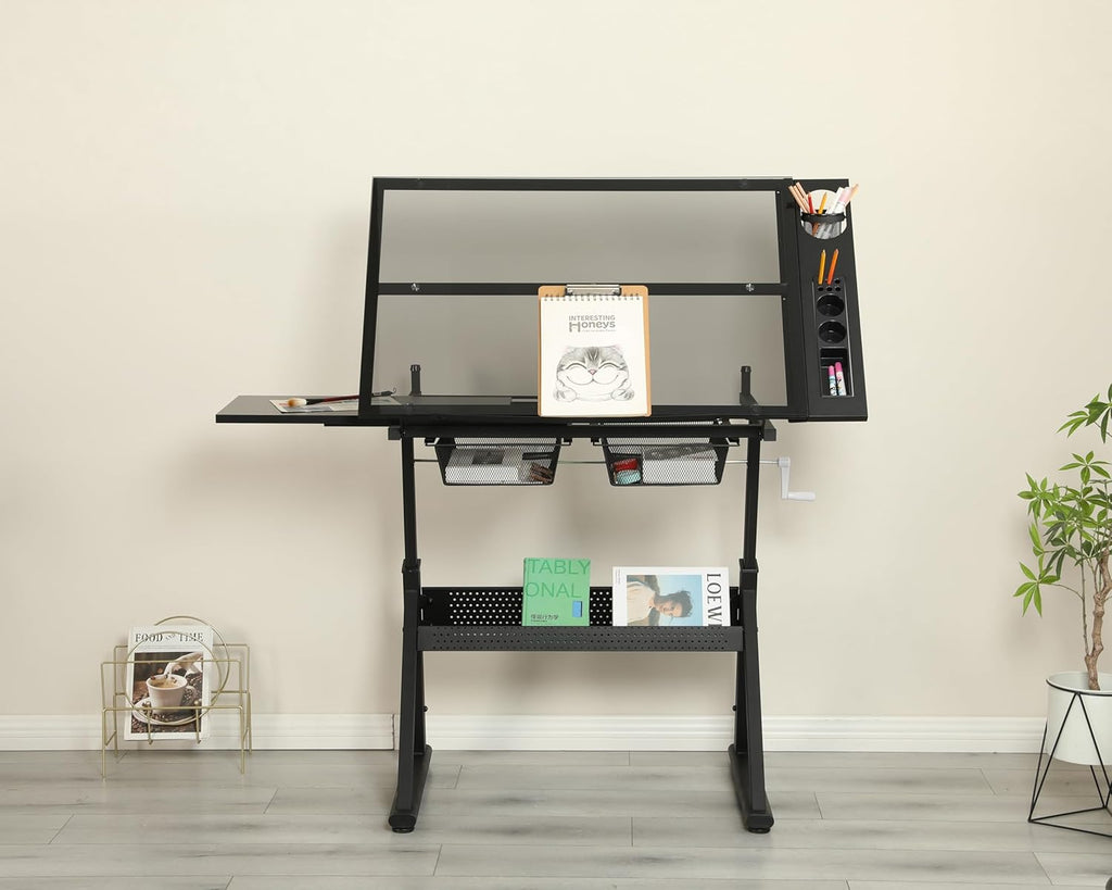 Drafting Table with Storage and Stool, Art Desk for Adults Hand Crank Adjustable Height with 2 Metal Drawers, Glass Craft Drawing Table Artist Desk with Extra Desktop (Black)