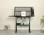 Drafting Table with Storage and Stool, Art Desk for Adults Hand Crank Adjustable Height with 2 Metal Drawers, Glass Craft Drawing Table Artist Desk with Extra Desktop (Black)