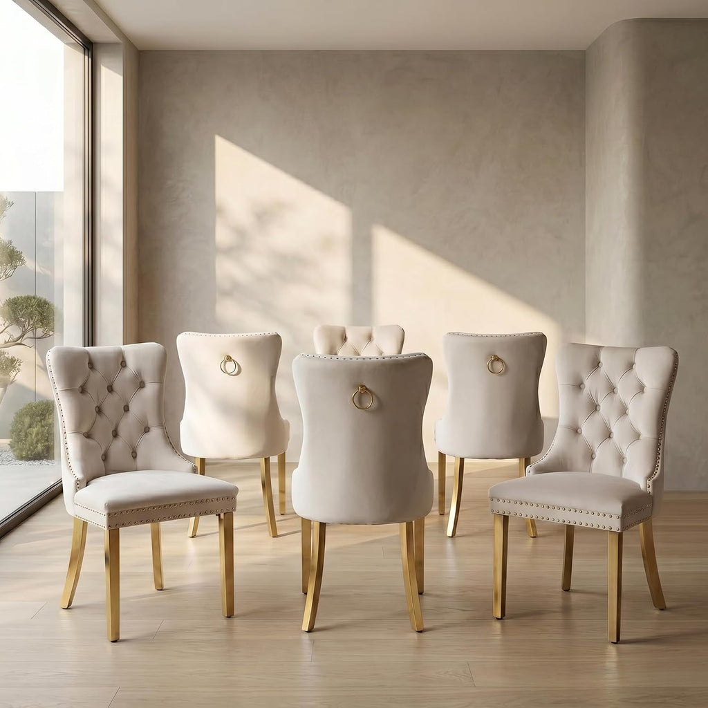 Velvet Dining Chairs Set of 6, Mid Century Tufted Dining Room Chairs with Nailhead Back Ring, Metal Legs, Modern Style for Kitchen, sillas de comedor (Beige, Golden Legs, 6 Pcs)