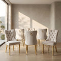 Velvet Dining Chairs Set of 6, Mid Century Tufted Dining Room Chairs with Nailhead Back Ring, Metal Legs, Modern Style for Kitchen, sillas de comedor (Beige, Golden Legs, 6 Pcs)