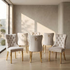 Velvet Dining Chairs Set of 6, Mid Century Tufted Dining Room Chairs with Nailhead Back Ring, Metal Legs, Modern Style for Kitchen, sillas de comedor (Beige, Golden Legs, 6 Pcs)