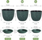 Plant Pots 10/9/8 inch, Set of 3 Modern Decorative Plastic Planters with Drainage Holes and Saucers for Garden House Plants, Flower Pots for Indoor Outdoor Plants, Black with Green Speckles