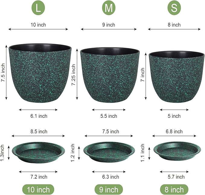 Plant Pots 10/9/8 inch, Set of 3 Modern Decorative Plastic Planters with Drainage Holes and Saucers for Garden House Plants, Flower Pots for Indoor Outdoor Plants, Black with Green Speckles