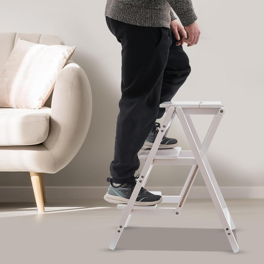3-Step Ladder Chair Folding Step Stool Chair 22.44" L x 16.33" W x 25.6" H 220 LBS Load Capacity White Pinewood Counter Chairs for Kitchen Bedroom Living Room Warehouse, Space Saving
