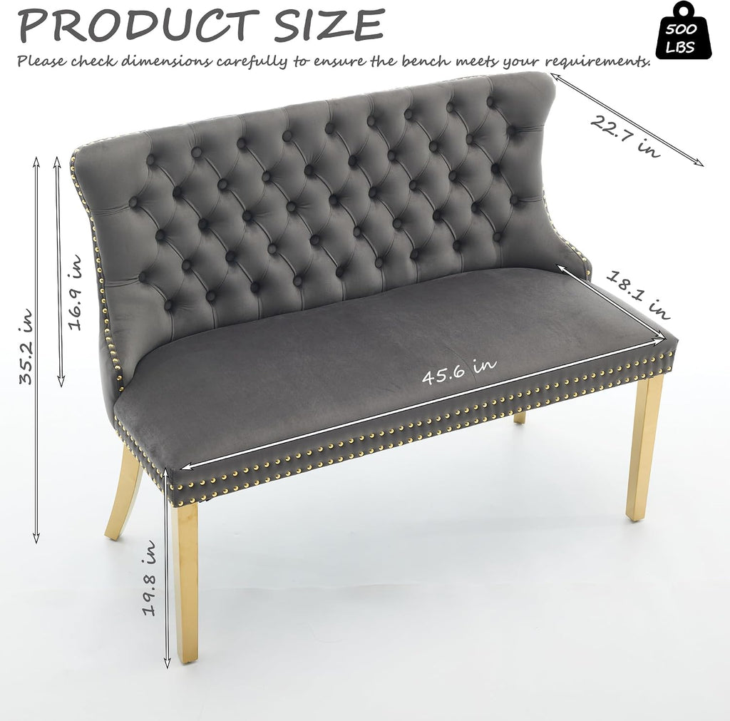 Velvet Upholstered Dining Bench with Back, 45.6'' Tufted Loveseat Bench with Gold Stainless Steel Legs, Mid-Century Modern Banquette Seating for Dining Room, Kitchen, Entryway, Gray