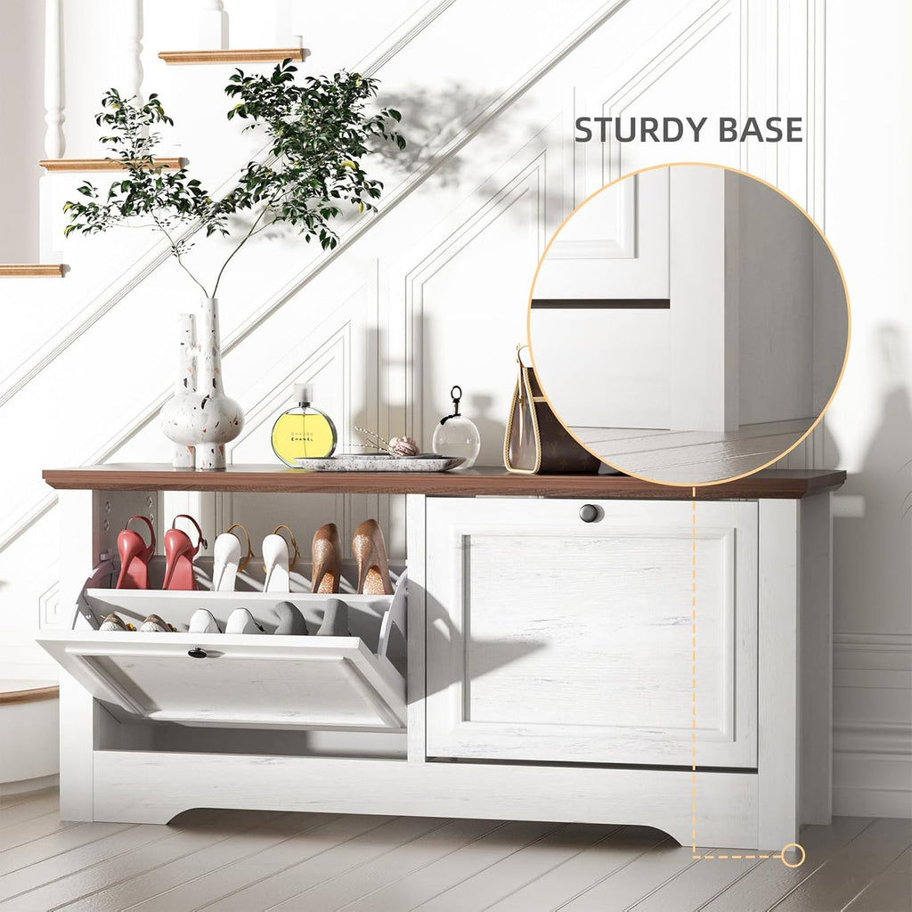 Shoe Storage Bench with Seat, Entryway Shoe Cabinet with Drawers | Flip Drawers and Hidden Storage, Comfortable Seating for Entryway, Hallway, Foyer and Small Spaces