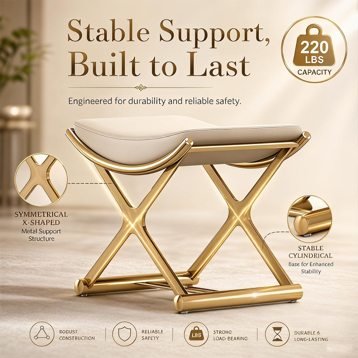 Makeup Vanity Stool Chair - Small Backless Leather Ottoman Bench Gold | With Cushioned Seat and Metal X-Frame for Vanity Desk, Bathroom, Bedroom and Dressing Room