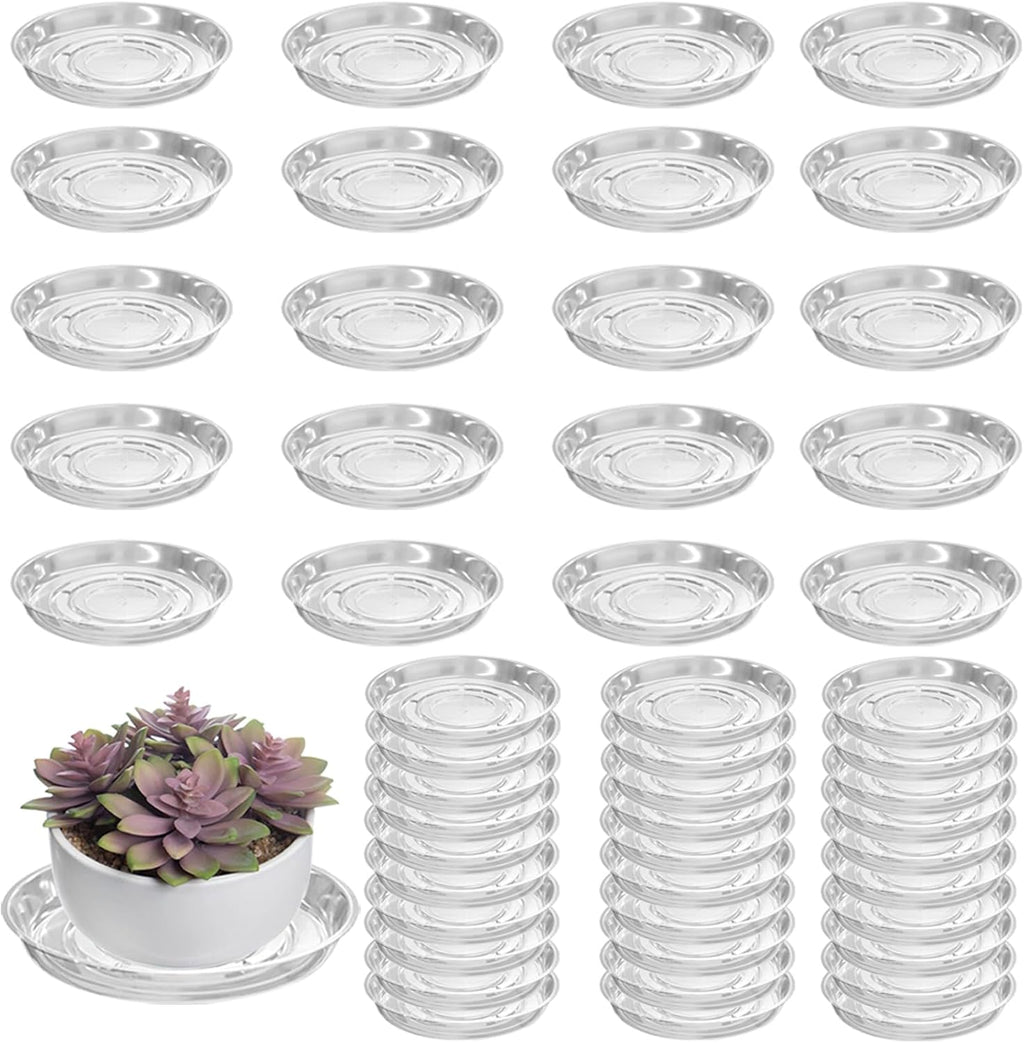 50 Packs 4" Small Clear Plant Saucers for Indoor Outdoor Use Heavy Duty Plastic Plant Trays for Planter Bulk Flower Pot Drip Trays to Catch Water, 4 to 20 Inch, Round Transparent