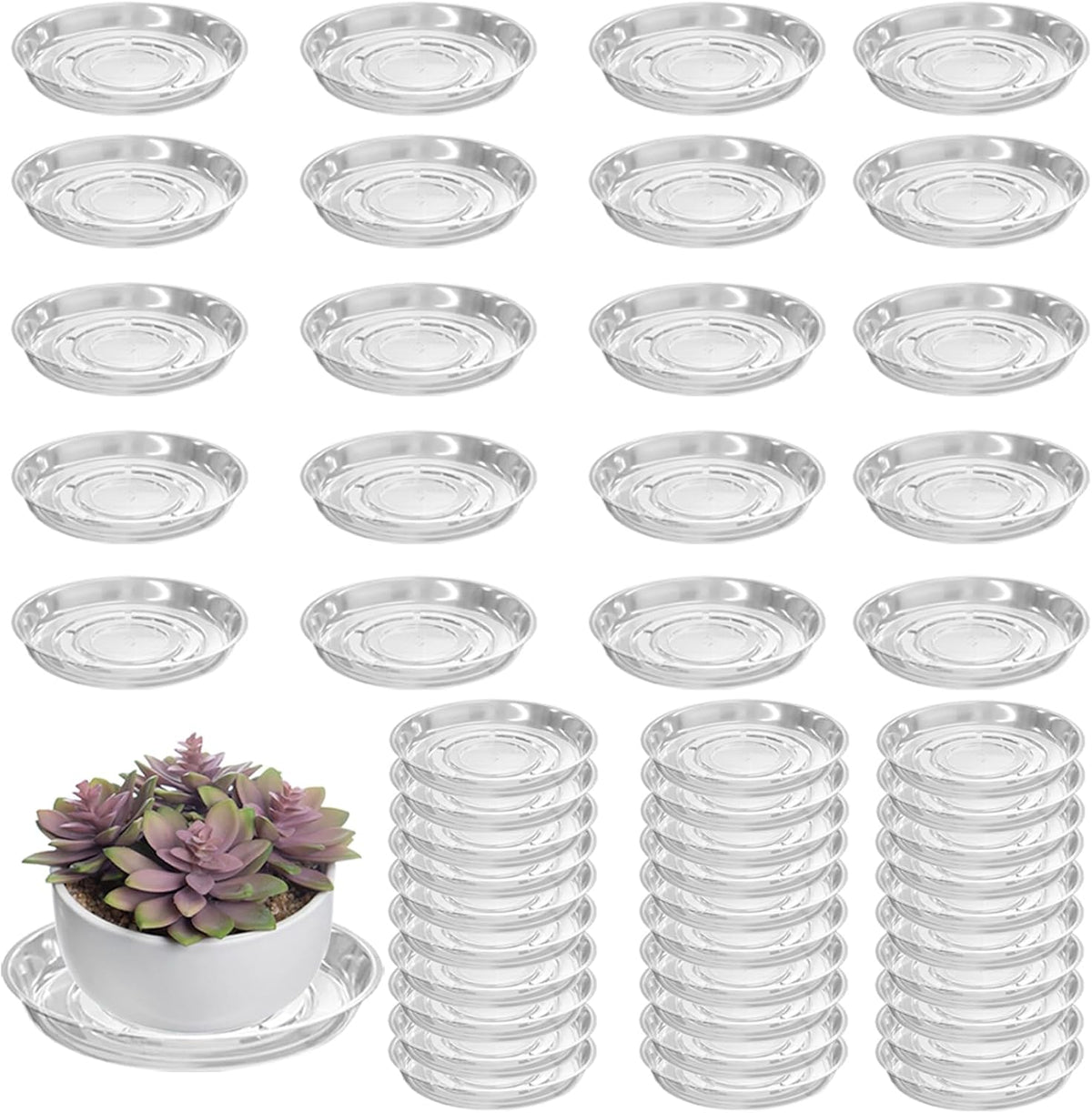 50 Packs 4" Small Clear Plant Saucers for Indoor Outdoor Use Heavy Duty Plastic Plant Trays for Planter Bulk Flower Pot Drip Trays to Catch Water, 4 to 20 Inch, Round Transparent