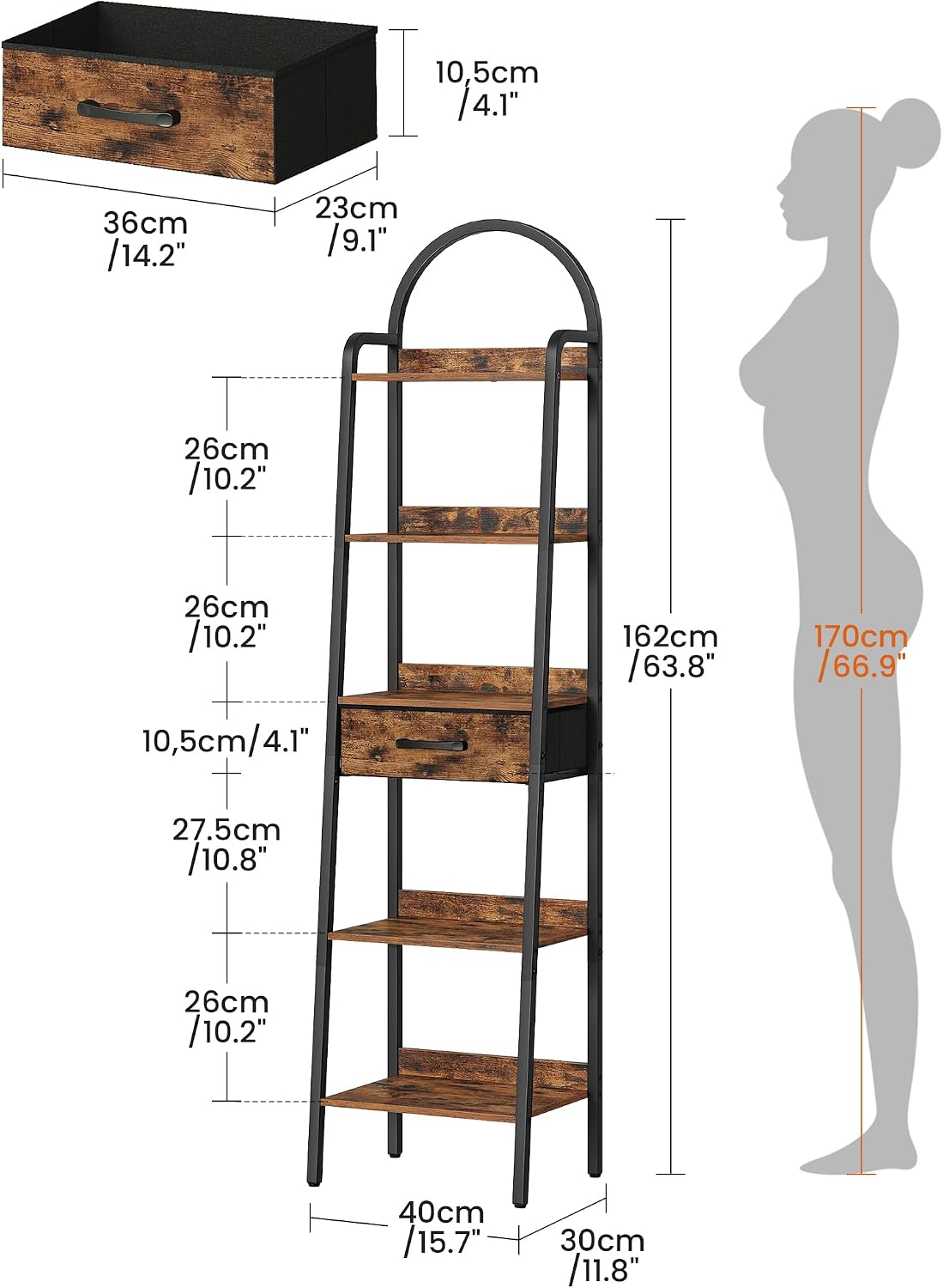 CHOEZON 5 Tier Ladder Shelf with Drawer, Tall Ladder Bookshelf, Standing Bookcase with Metal Frame for Living Room, Bathroom, Home Office, Study, Balcony, Rustic Brown and Black TCJ07BF