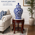 16" Marble Top Accent Side Table, Chinese Wooden Plant Stand, Oriental Display Pedestal for Living Room & Chinoiserie Decor