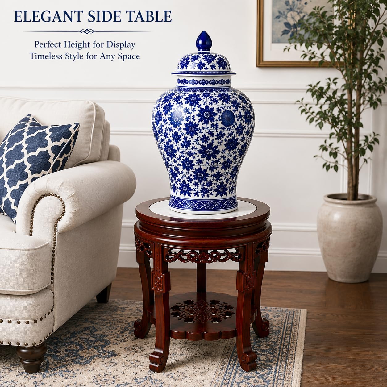 16" Marble Top Accent Side Table, Chinese Wooden Plant Stand, Oriental Display Pedestal for Living Room & Chinoiserie Decor