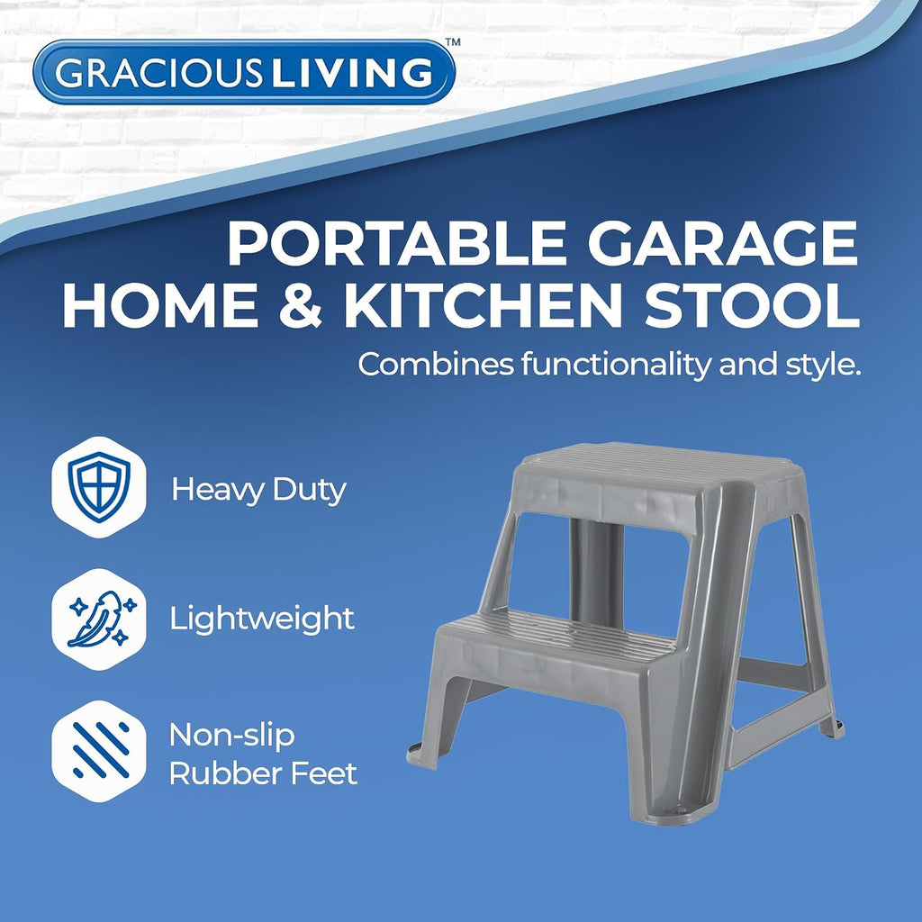 Gracious Living 2-Step Stool, Portable Plastic Stepping Stool for Dorm, Home, Classroom, or Office, 18"L x 18.75"W x 16"H - 300 Pound Capacity, Gray