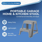 Gracious Living 2-Step Stool, Portable Plastic Stepping Stool for Dorm, Home, Classroom, or Office, 18"L x 18.75"W x 16"H - 300 Pound Capacity, Gray